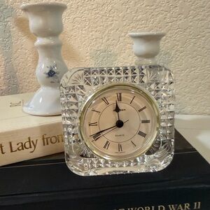 Elegant Crystal Clock with Blue Tea Rose Pfaltzgraff Candlesticks